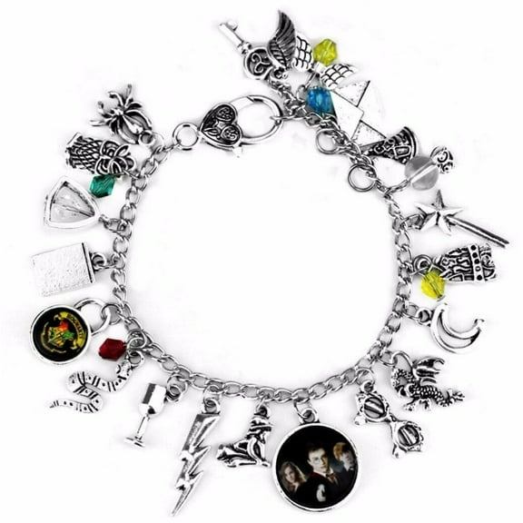 Harry Potter Themed Silvertone Metal and Glass Dome Charms Bracelet