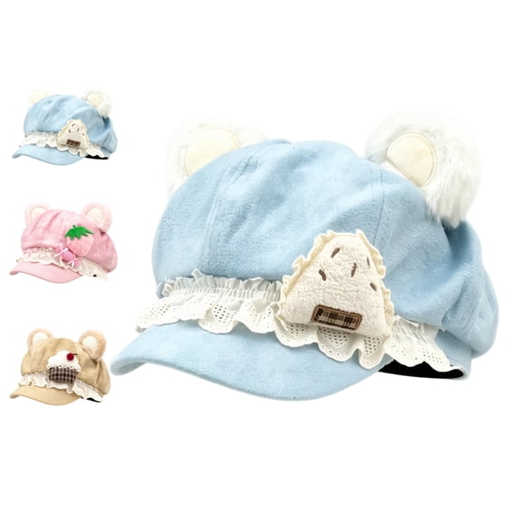 Blue Y2K Cutecore Kawaii Bear Ears Beret Hat Women Cute Cap Sweet Suede Newsboy 2000s Clothes Accessories