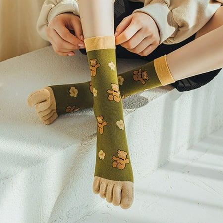 

5 pair Womens Autumn And Winter Pure Cotton Five Finger Socks Printed Split Toe Socks Vintage Comfortable Socks Color Random