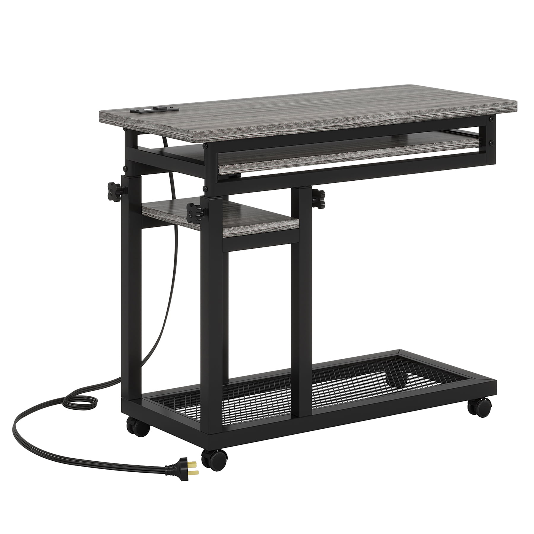 Fnova Small Portable Desk with Charging Station, Height Adjustable Mobile Desk with 4 Wheels, USB Ports & Power Outlet, Rolling Computer Cart, C Side Table for Sofa Couch Bedside, Gray
