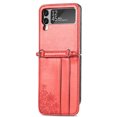 thumbnail image 6 of SaniMore for Samsung Galaxy Z Flip 3 (6.7" 2021) Case, PU Leather Skin with Card Slots Detachable Crossbody Lanyard Stylish Embossed Flower Anti-scratch Anti-drop Shockproof Girly Shell, Red, 6 of 20