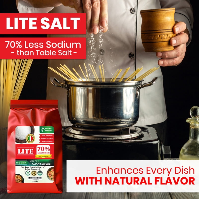 Pacific Pelican 70% Less Sodium Iodized Lite Italian Sea Salt, 70% Less Sodium, Fine Grain - Pack of 2 - Natural & Organic; best for thyroid function ; wellness; paleo and gluten free