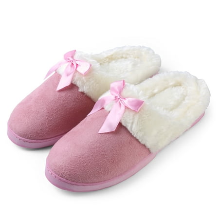 

Women s Soft and Cozy Ribbon Bow Plush Slippers With No-Slip Rubber Sole For Indoor Outdoor Spa Use (Pink)