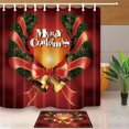 thumbnail image 1 of RYLABLUE Christmas Decor Golden Bells with Ribbon and Green Leaves Red Backdrop Shower Curtain 66x72 inches with Floor Doormat Bath Rugs 15.7x23.6 inches, 1 of 1