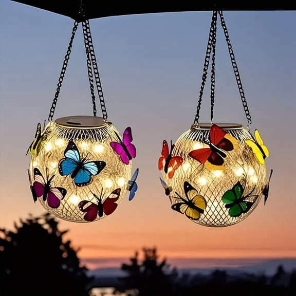 Waterproof Butterfly Garden Hanging Lights Round Ball Gazebo Lights Outdoor Lanterns for Patio Porch Pergola Yard Pathway Garden Decor Gifts for Women Mom Father