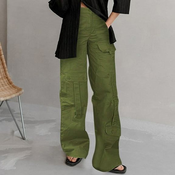 Ndbuld Cargo Pants Women Summer Fashionable Solid Color Straight Leg Low Waist Pocket Workwear Pants,S,Green