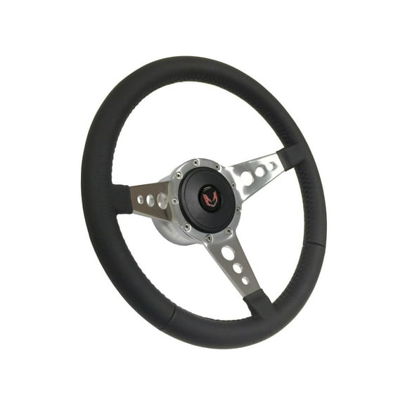 1969-1989 Firebird; VSW 9 Bolt Black Leather Wrapped Steering Wheel Kit, 3 Spoke Holes, Red Emblem
