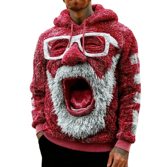 Men's Christmas Flannel Hooded Sweatshirt Winter Warm Lined Pullover Casual Streetwear Top With Front Pocket Red L