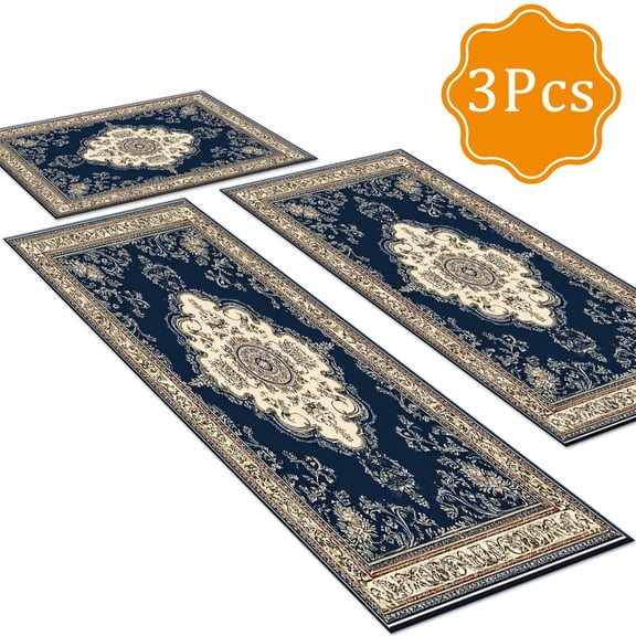 BlueDreamer Kitchen Rugs 3Pcs, Non Slip Kitchen Mats for Floor Waterproof & Stain Resistant Carpet Area Rug for Kitchen, Laundry Room, Hallway