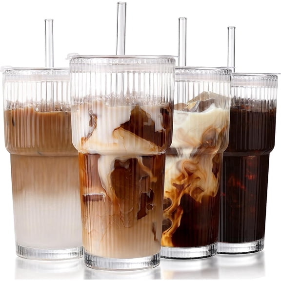 Iced Coffee Cups with Lids, 4 Packs Ribbed Glass Tumbler with Straws and Lids, 20oz Leak Proof Tumbler Coffee Bar Accessories Reusable Glass Cups for To Go Iced Coffee