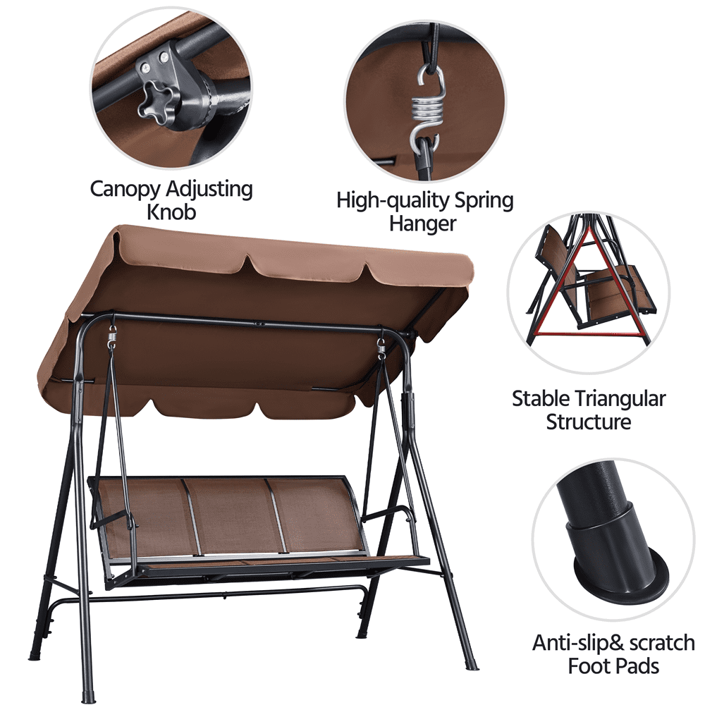 Alden Design 3-Seat Patio Canopy Porch Hanging Swing Chair for Outdoor, Dark Brown