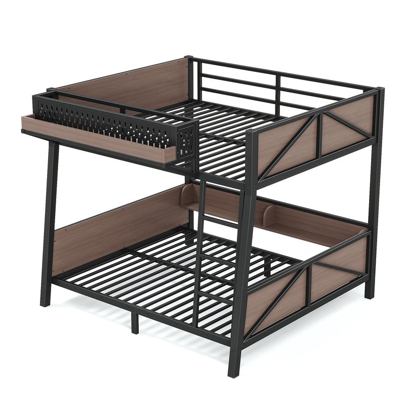 Full-Over-Full Storage Bunk Bed with Shelves, Multi-Functional Metal Bed Frame with LED Light and Charge Station for Kids,Teens