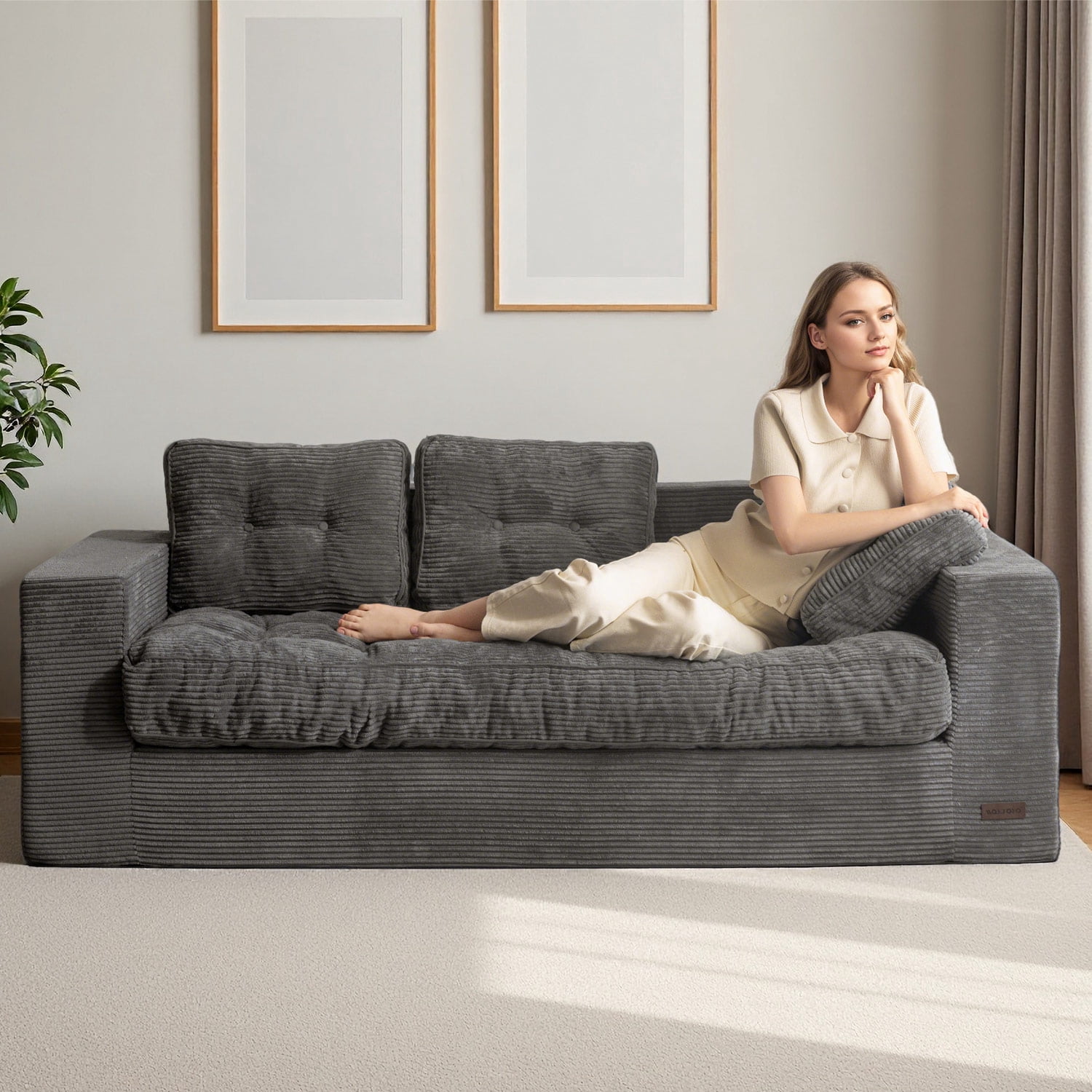 BYBYME 3 Seater Couch with Tufted Cushion & Backrest,Corduroy Floor Sofa with Armrests for Living Room Bedroom Office,Sofa in A Box,No Assembly Required,Dark Grey
