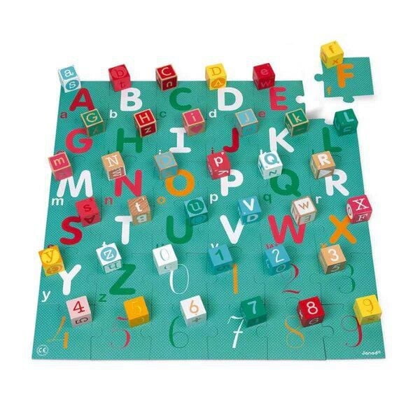 Janod - Kubix - 40 Block Set Letters and Numbers - Wood - Fine Motor Skills Development Game - Early-Learning Toy - Creative and Imaginative - For Toddlers - From 2 Years + - Multilingual - J08307.