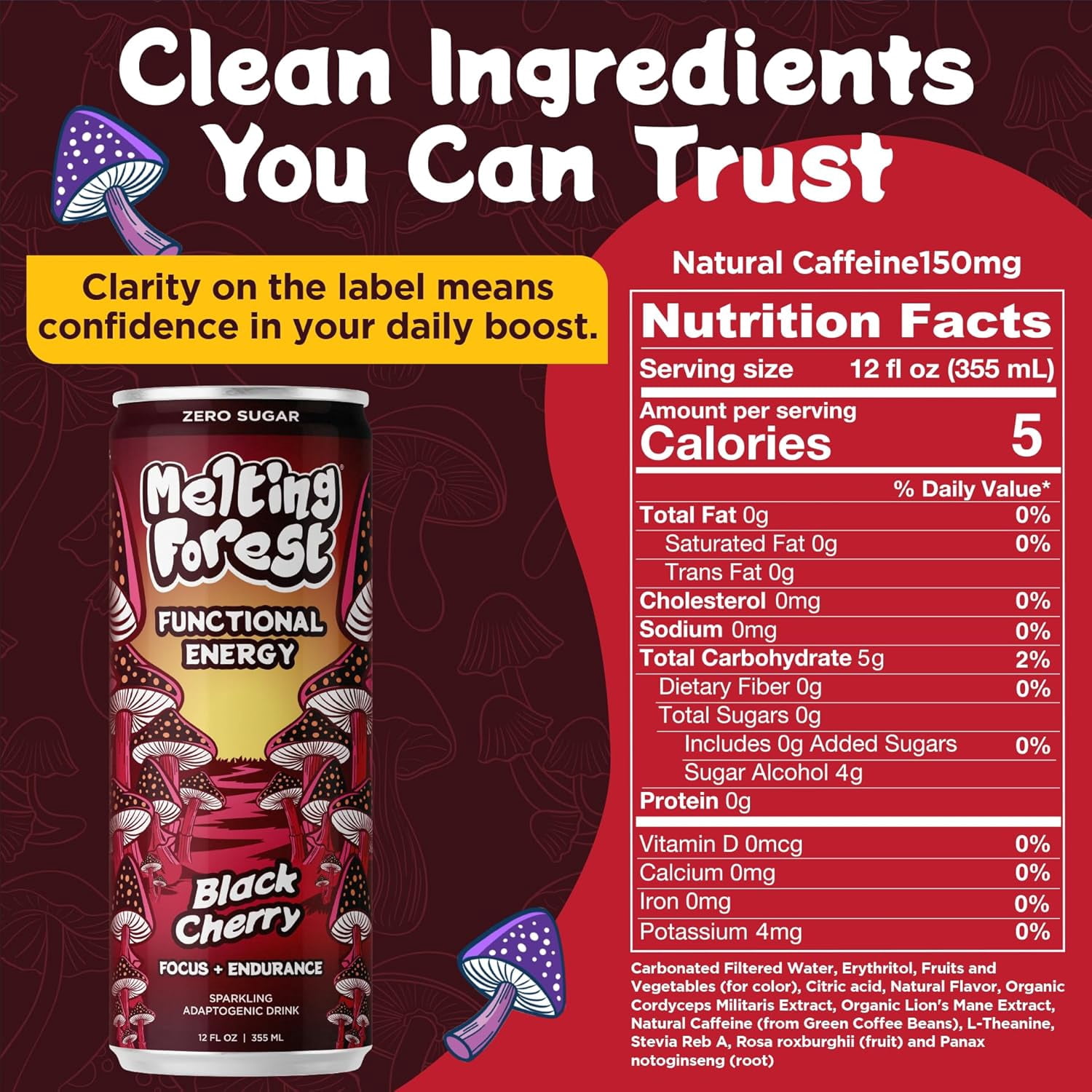 Melting Forest Mushroom Energy Drink, Black Cherry, Flavored Sparkling Water, Mushroom-Infused Seltzer, 5 Calories Zero Sugar — 12 Pack