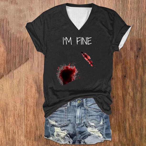 Fiudx Ofertas Del Día Camiseta de Manga Corta con Cuello En V y Estampado de Halloween para Mujer