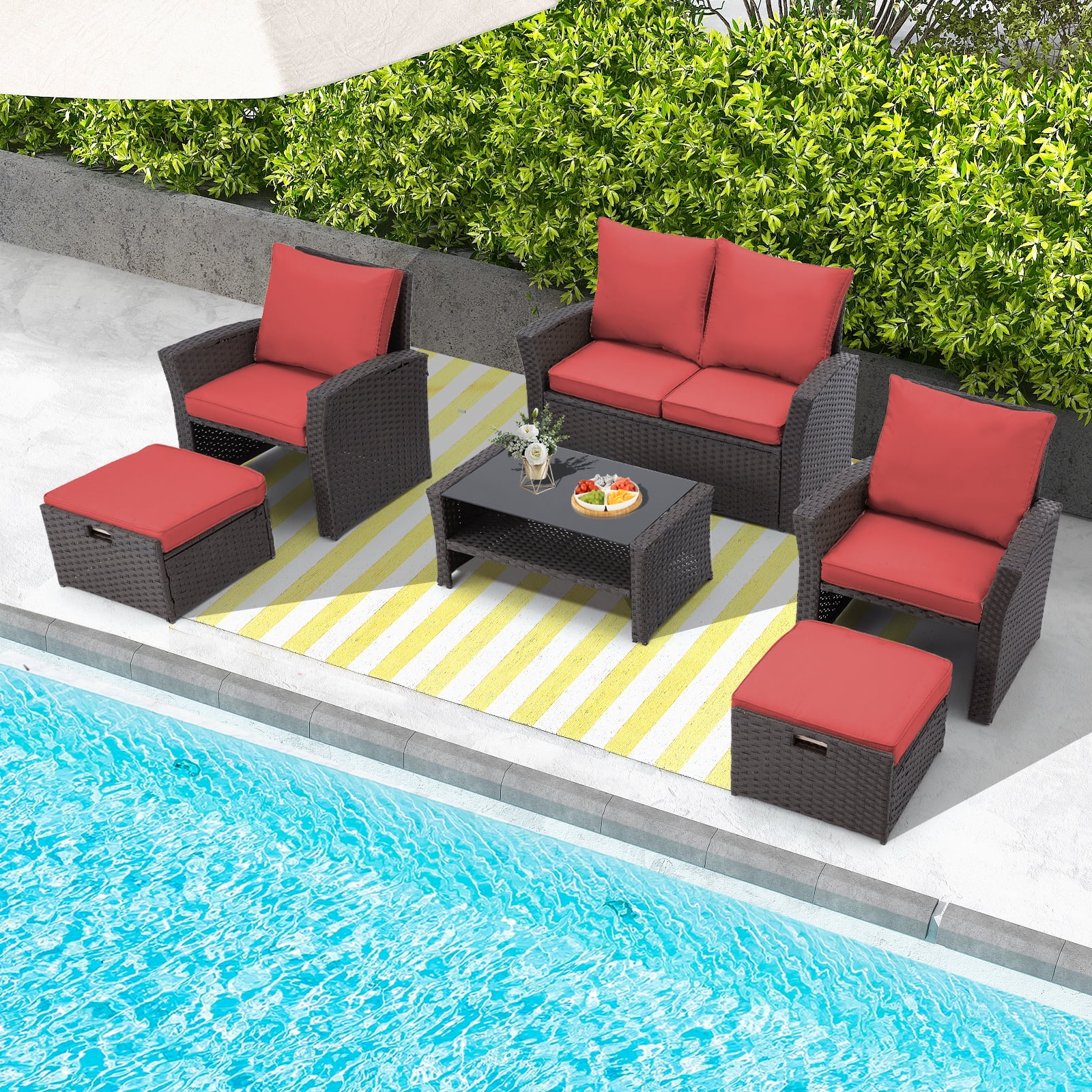 6 Pieces Patio Furniture Set, Outdoor Sectional Conversation Rattan Sofa Set with Ottoman and Outdoor Storage Table for Garden, Porch, Backyard (Red)