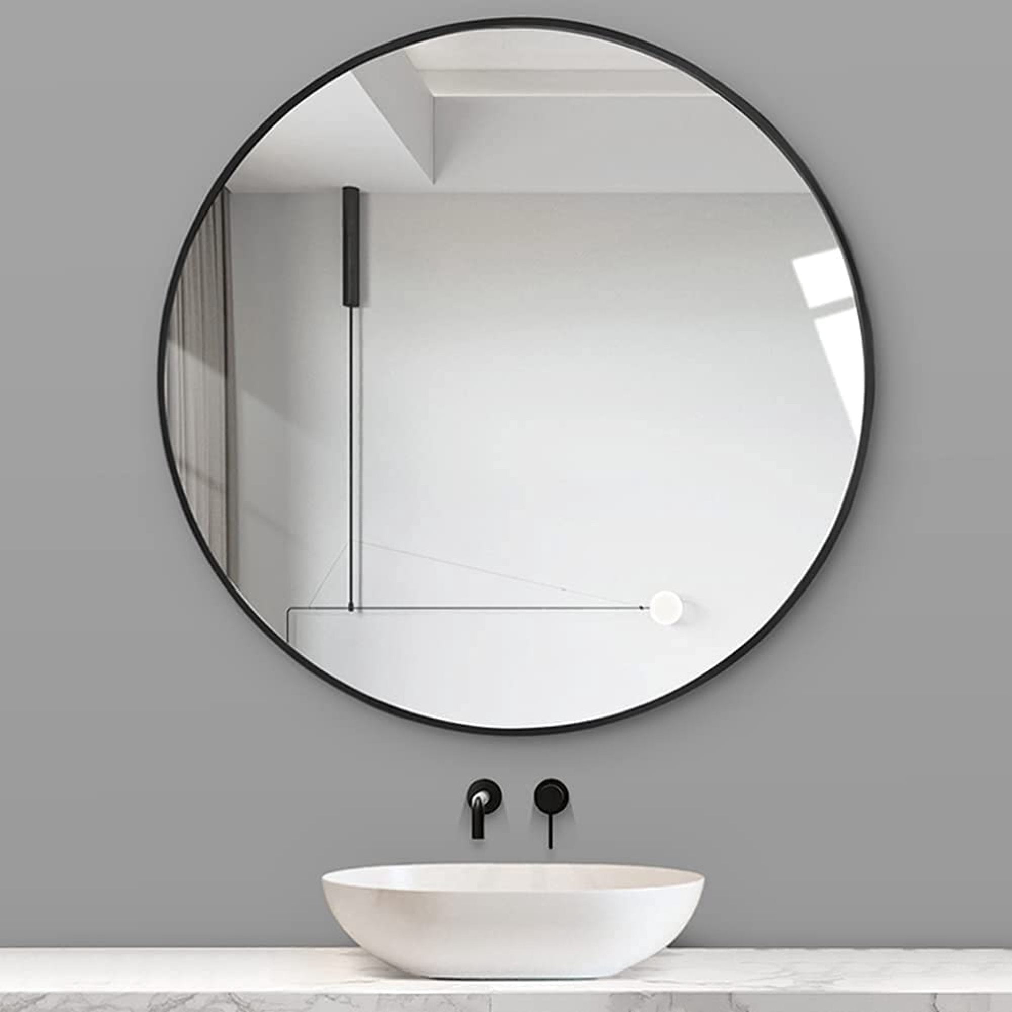 30" Round Wall Mirror,Modern Circle Mirror Hanging or Wall Mounted,Black