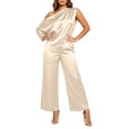 thumbnail image 2 of AHTJRT Silk Satin Outfits for Women One Shoulder One Sleeve Tops and Flowy Wide Leg Pants Casual Outfits Two Piece Summer Vacation Business Sets Beige XL, 2 of 7