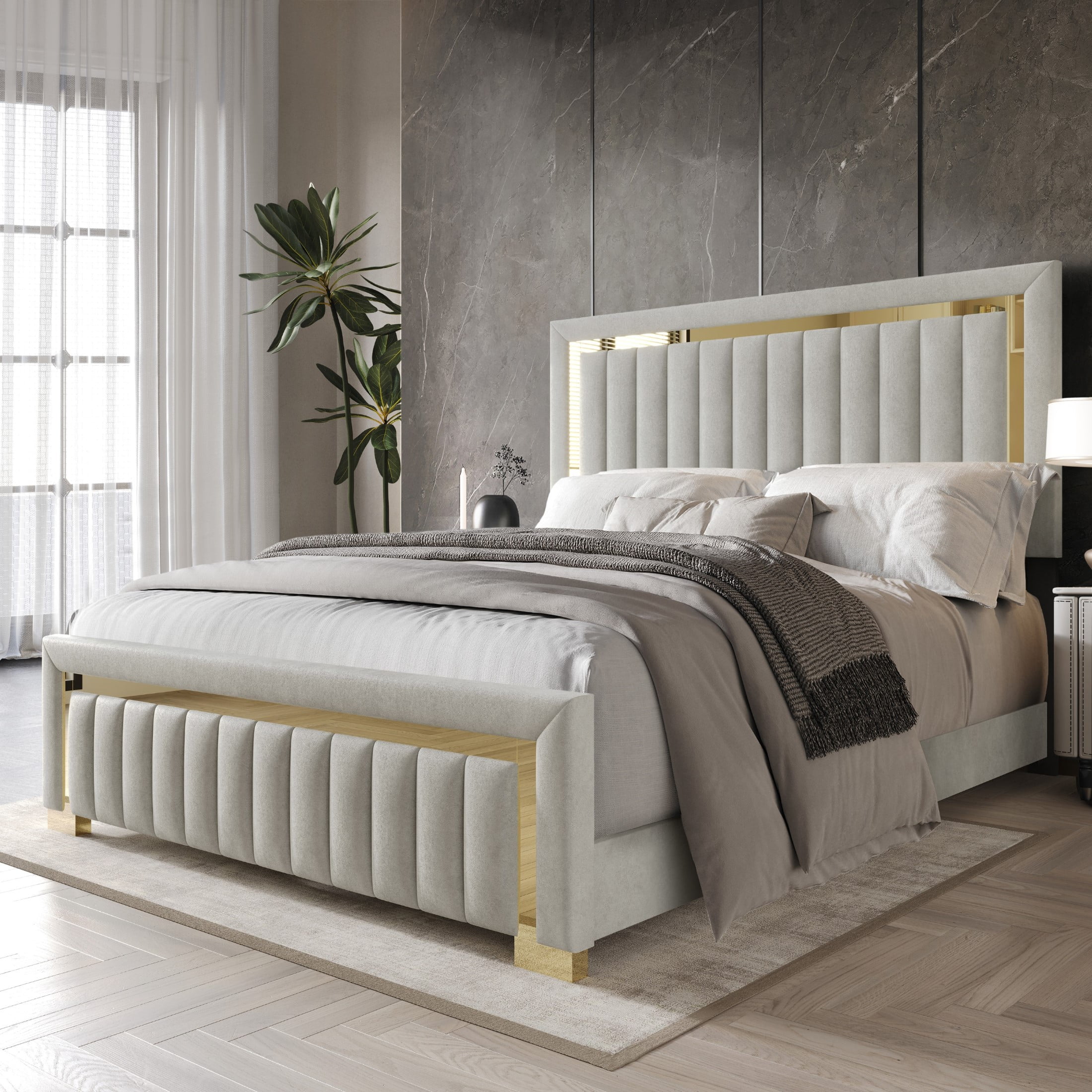 Home Design Olathe Full Upholstered Panel Bed Frame with Channel-Tufted Headboard and Gold Acrylic Strip Accents, Light Gray, Easy Assembly