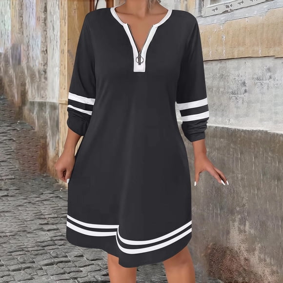 TaTaai Womens Casual Striped A Line Dress Long Sleeve Zipper Front Round Neck Loose Fit Midi Length Soft Comfortable for Fall Daily Party Holiday Gift