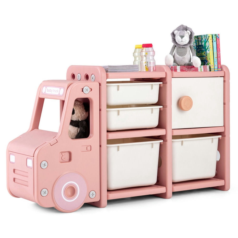 Spaco Toddler Truck Storage Organizer with Plastic Bins-Pink, Toy Organizer for Kids, Boys, Girls, Nursery