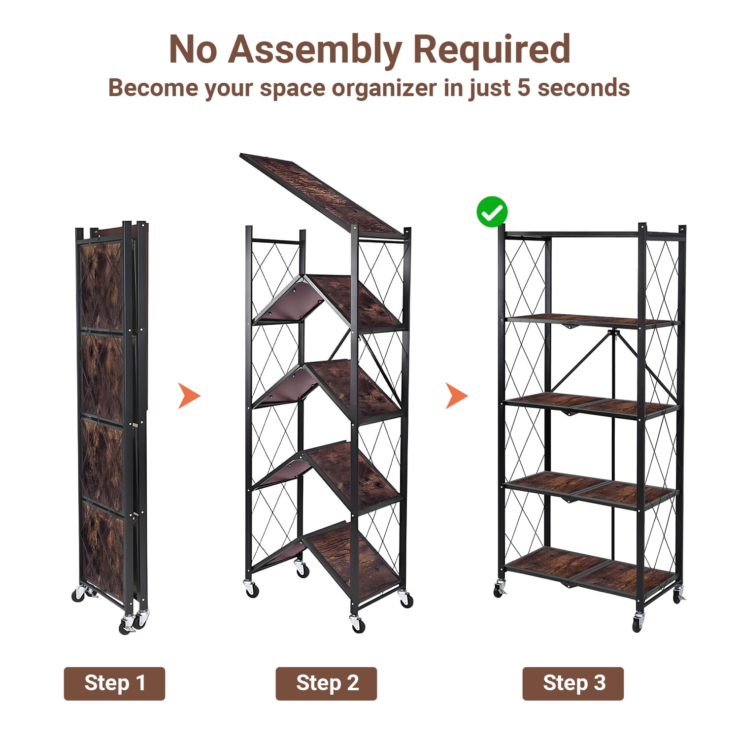 COOKCOK 5-Tier Storage Shelving Unit, Folding Bookshelf, Metal Shelf 27.9"x13.4"x62.5, Foldable Storage Shelf with Wheels, Garage Shelf, Kitchen Shelf, No Assemble Require, Black