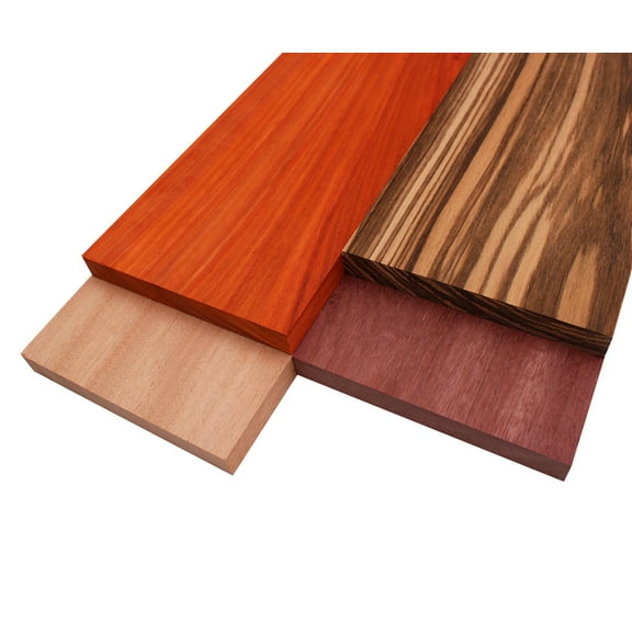 Barrington Hardwoods' Imported Exotic Hardwood Variety Pack - Zebrawood, Purpleheart, Padauk, Okoume - 3/4" x 6" (4 Pcs)