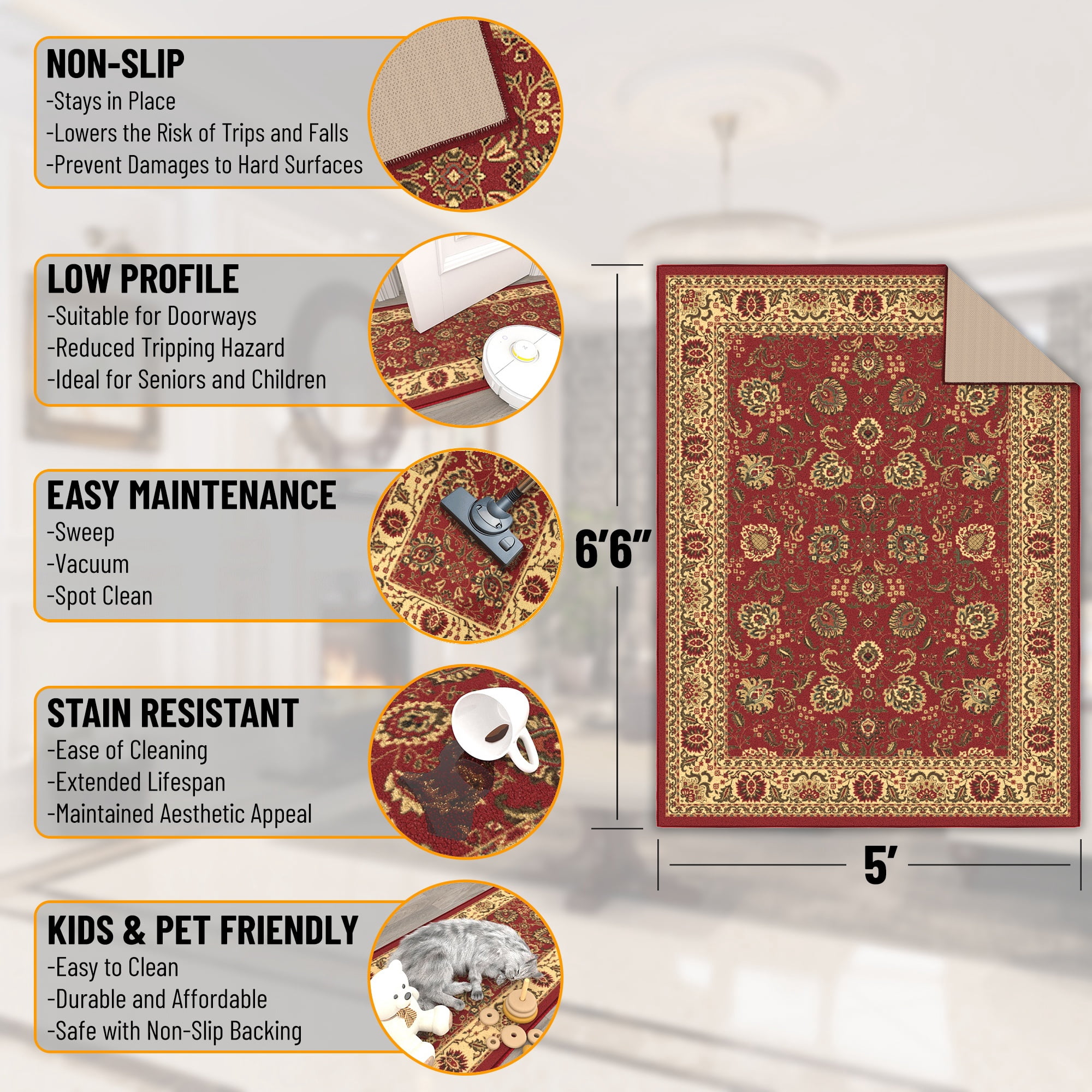 Ottomanson Floral Area Rug 5' x 6'6" - Non Slip Low Pile Carpet, Red
