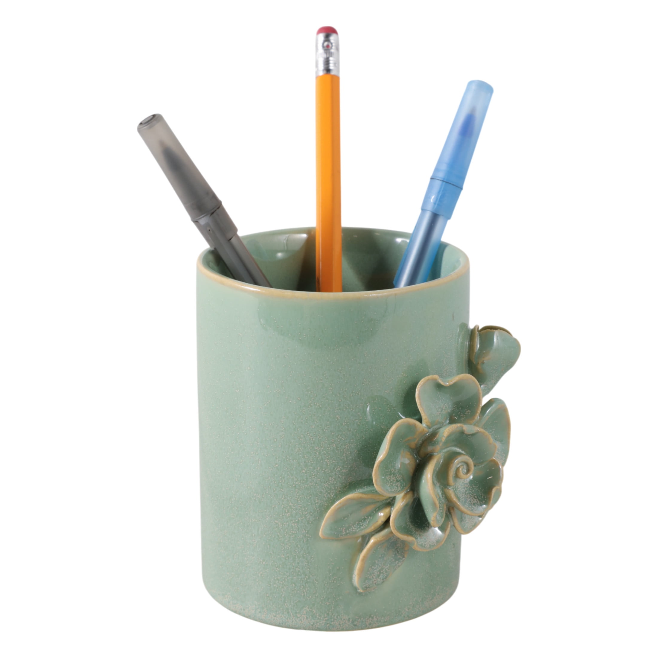 Rose Ceramic Desk Organizer for Workspace Display - Decorative Small Desk Accessory for Office Storage Accent - Complements and Verstaile Usage for Bathroom, Bedroom, or Home Decor - 4", Green
