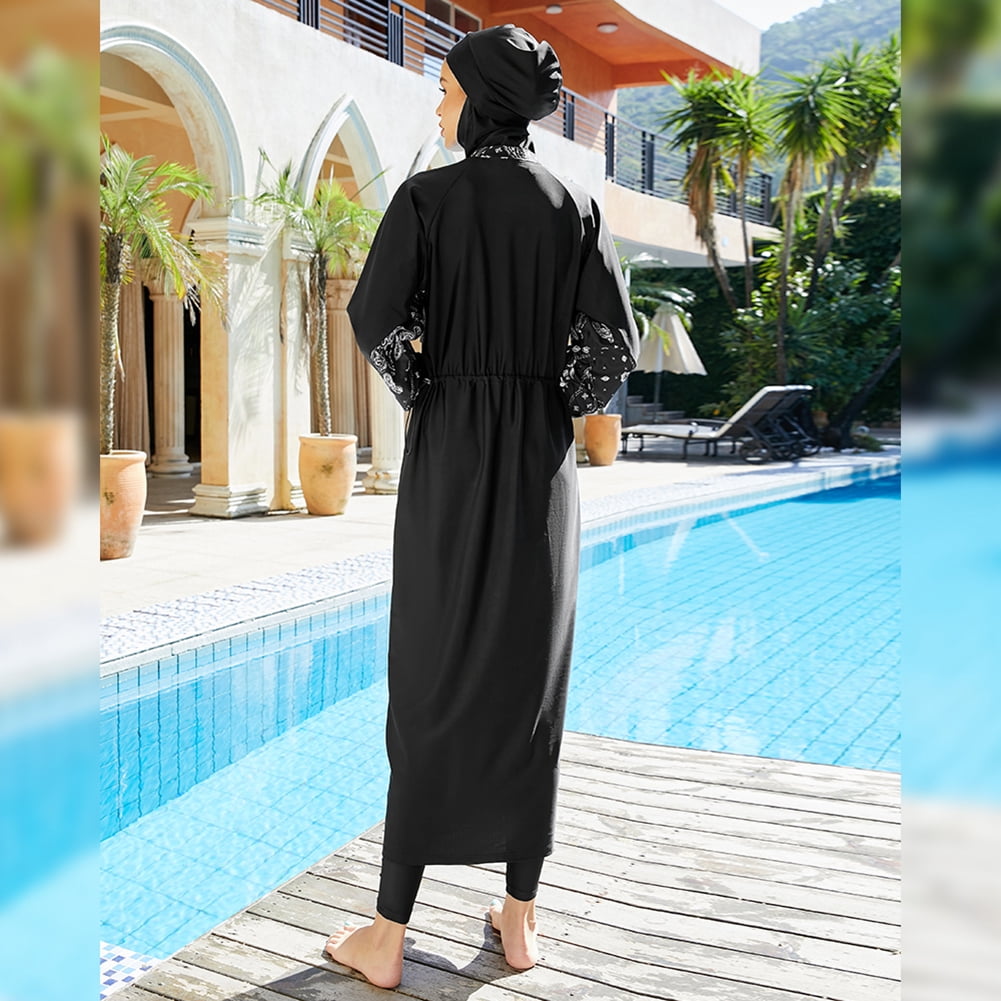 IBTOM CASTLE Muslim Swimsuits for Women Modest Islamic Arabic Swimwear Burkini Full Cover Hijab Top Pants Swimming Cap Bathing Suits S Black - Split Hem