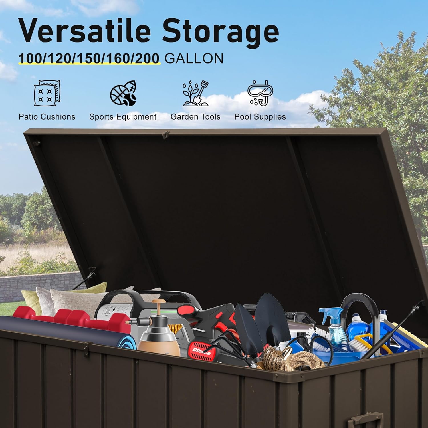 TOTAL Outdoor 120 Gallon Outdoor Deck Box,Waterproof & Rodent-Proof Steel-Reinforced Deck Container,Hydraulic Safety Lid with Lock,Patio, Garden, Pool Equipment Organizer,Dark Brown