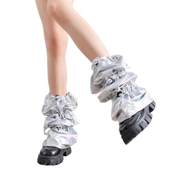 Women Punk Flared Loose Leg Warmers Sparkling Shinning Metallic Leg Sleeve Cover Knee Length Long Socks