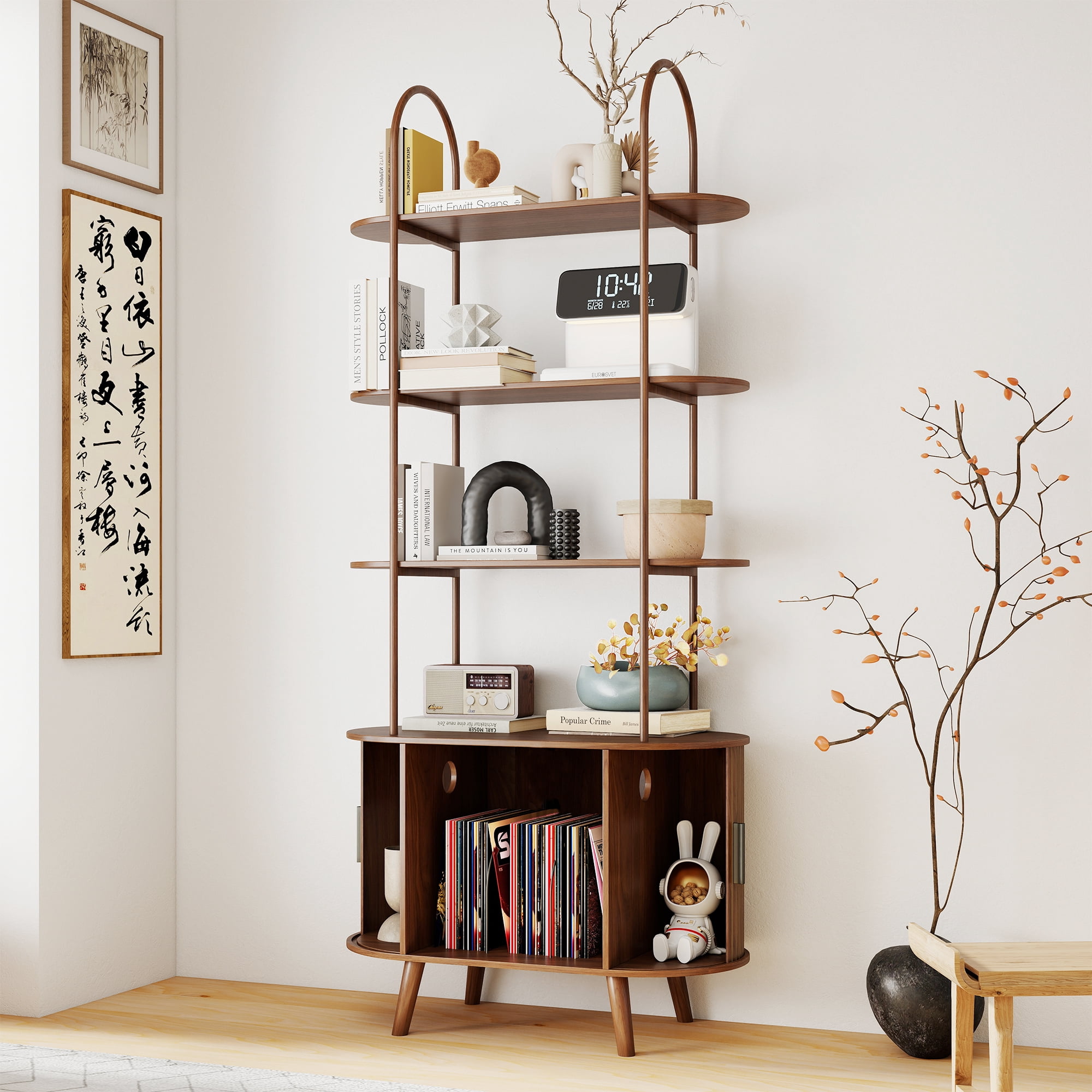 68.9" Tall Arched Bookshelf with with Sliding Tambour Doors, 4-Tier Open Display Storage Shelf, Vinyl Record Player Stand for Home Office, Living Room, Walnut