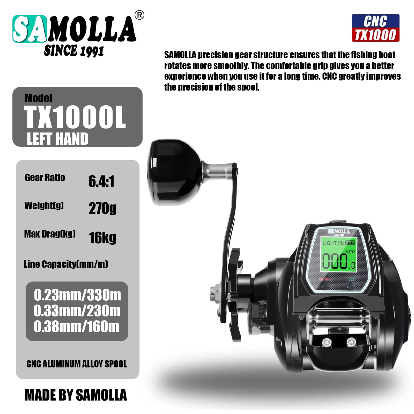 Large Deep Sea Electronic Fishing Reel Baitcasting Saltwater Waterproof 6.4:1 16KG Drag Catfishing Trolling Metal Base