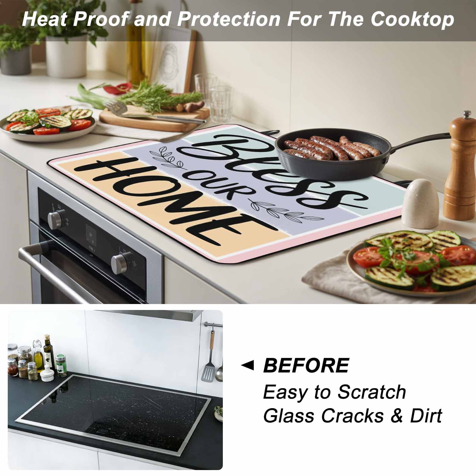 Bless Our Home Stove Top Cover for Electric Stove, Heat-proof & Non Slip Glass Top Stove Cover Protector, Wheat Color Black Stripes Aesthetic Kitchen Flat Cooktop Rubber Mat 24x21 Inches