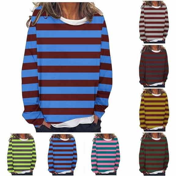HVOBTTY Womens Long Sleeve Pullover T Shirt, Fall Tops for Women, Women's Stripe Crew Neck Drop Shoulder Layered Look T Shirt Army Green, M