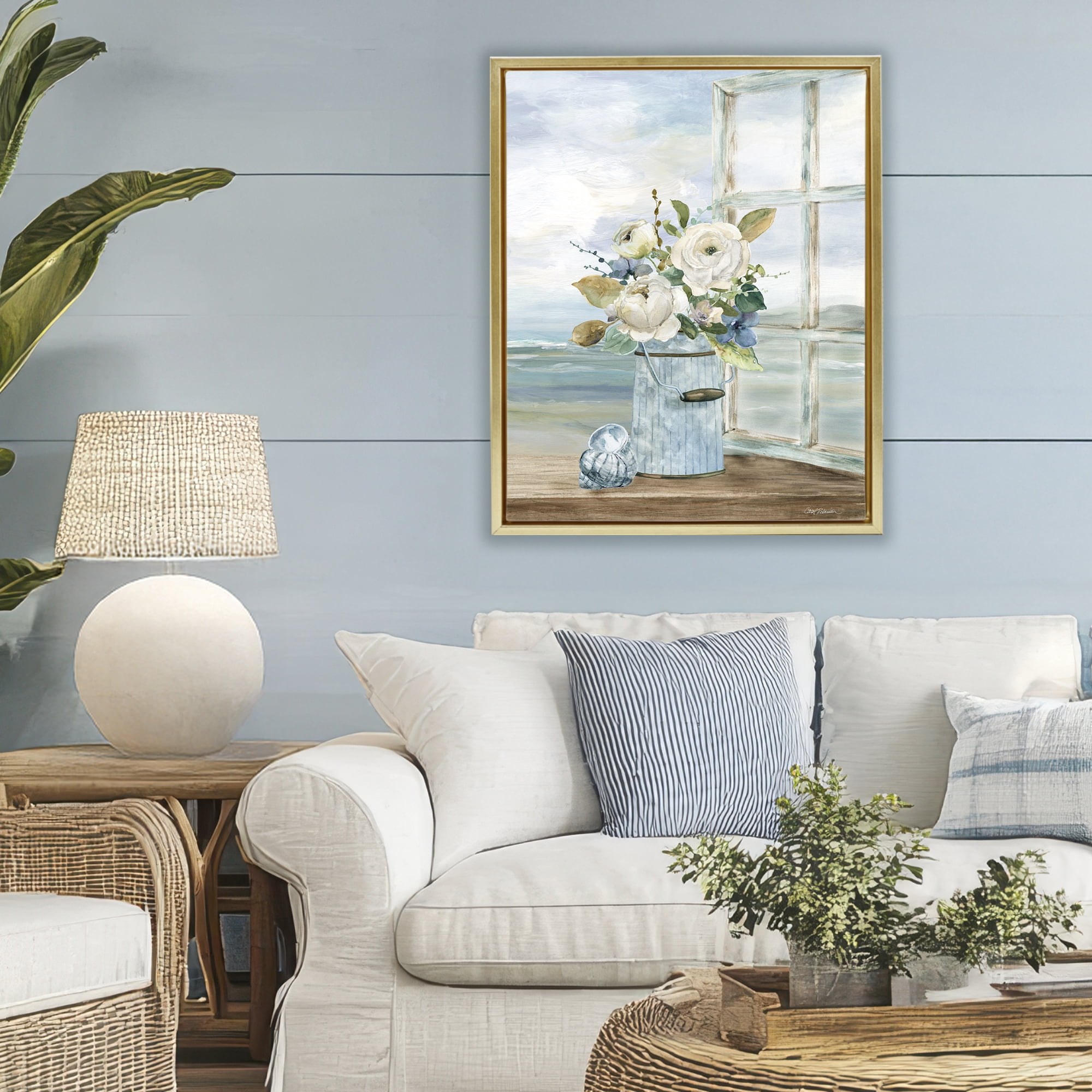 Stupell Industries Seaside Florals on Windowsill Gold Framed Floater Canvas Wall Art, design by Carol Robinson