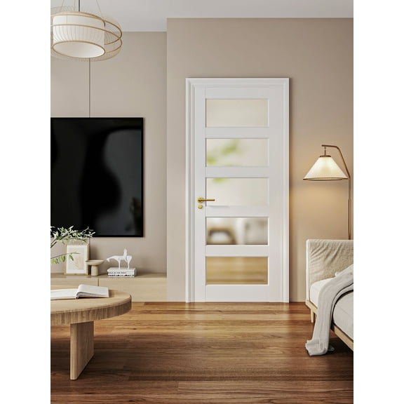 32" x 80" 5-Panel Frosted Glass Interior Door Slab, Slab Door for Pantry Pocket Laundry Bathroom French, Solid Core Pre-Assembled Panel Without Hardware, White