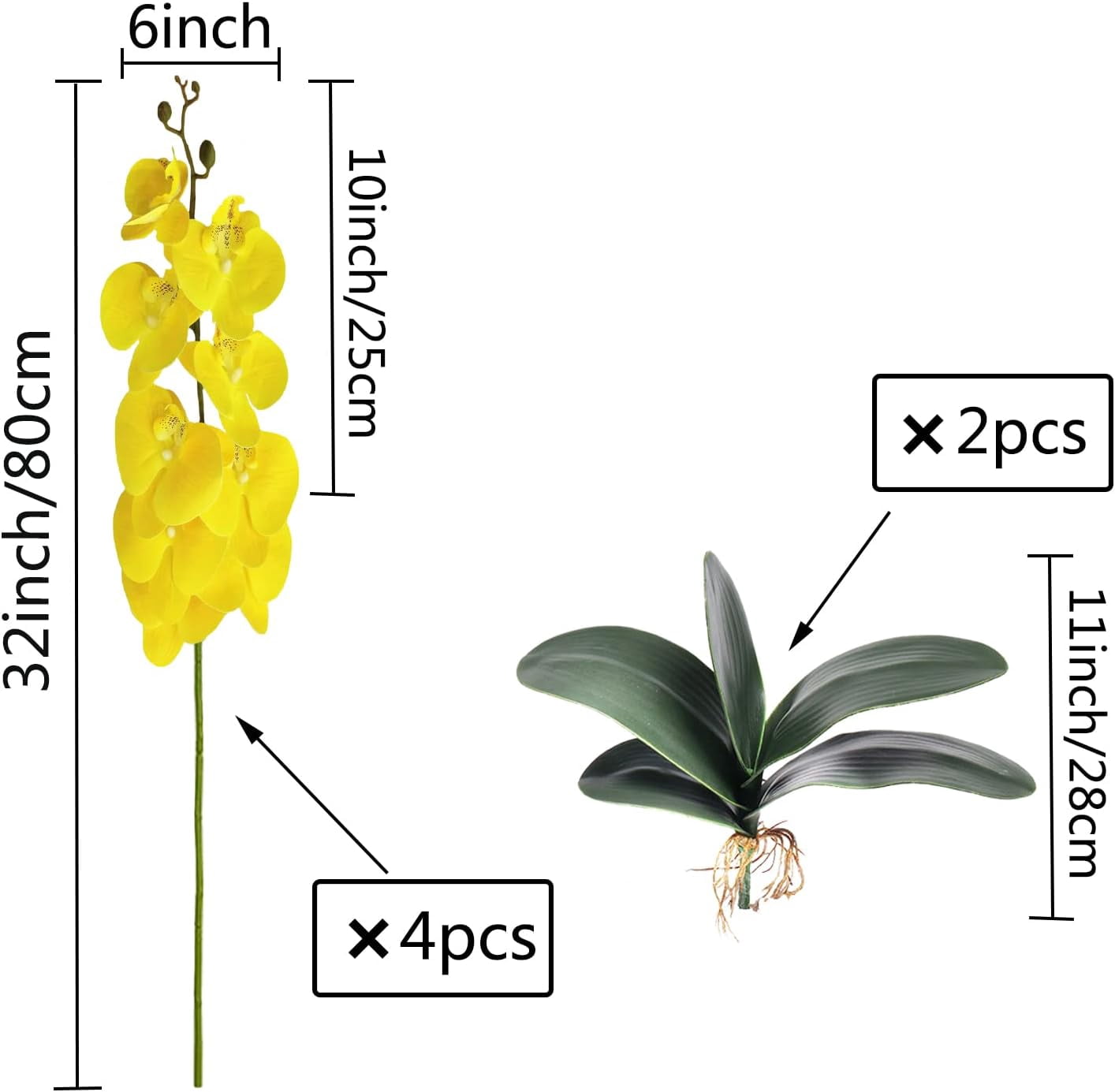 3Artificial Phalaenopsis Flowers with Leaves Artificial Orchid Flowers Stem Plants Fake Butterfly Phalaenopsis Flowers for Home Wedding Party Décor (Yellow)