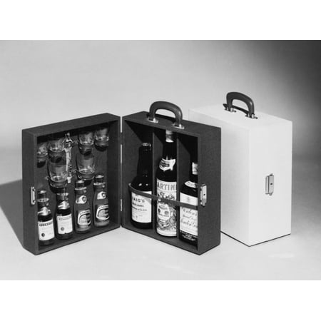 A Handy Case Containing Whisky, Martini and Gin, Mixers, a Bottle Opener and Glasses! Print Wall Art