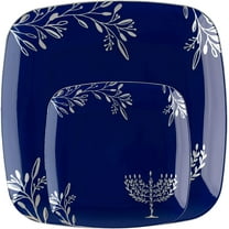 Combo Set 7" inch Salad Plates & 10" inch Square Plastic Plates Heavy Duty Hanukkah Dinner Plates with Blue Silver Chanukah Design Hanukkah Party Disposable China Like Plastic Dessert Plate (96 Pack)