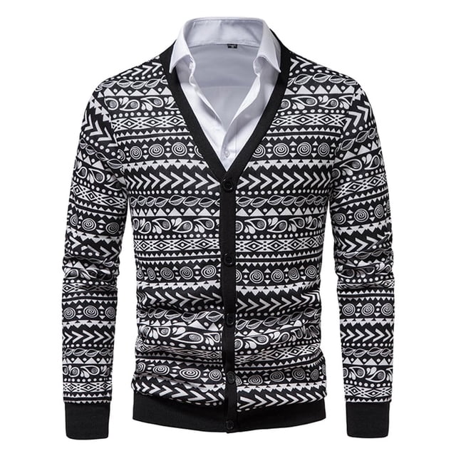 Mens SpringSummer Thin Printed Large Pocket Knit Cardigan Sweater Jacket