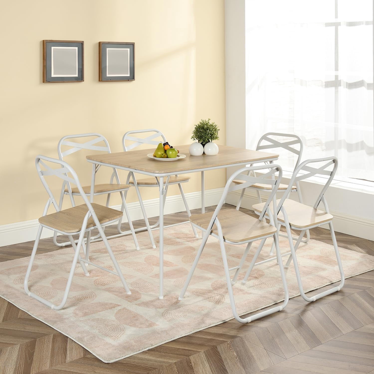 6-Pack Stackable Folding Metal Chairs, Light Oak Finish, Waterproof Padded PVC Seat, No Assembly, Portable Chairs for Office Conference Party Indoor Outdoor