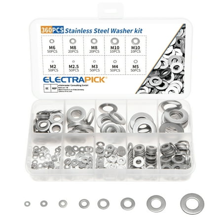 

Electrapick Stainless Steel Lock and Flat Washer Assortment | 360 Piece Set | 8 Different Sizes in Spring Lock and Flat Design | Prevent Loose Fasteners