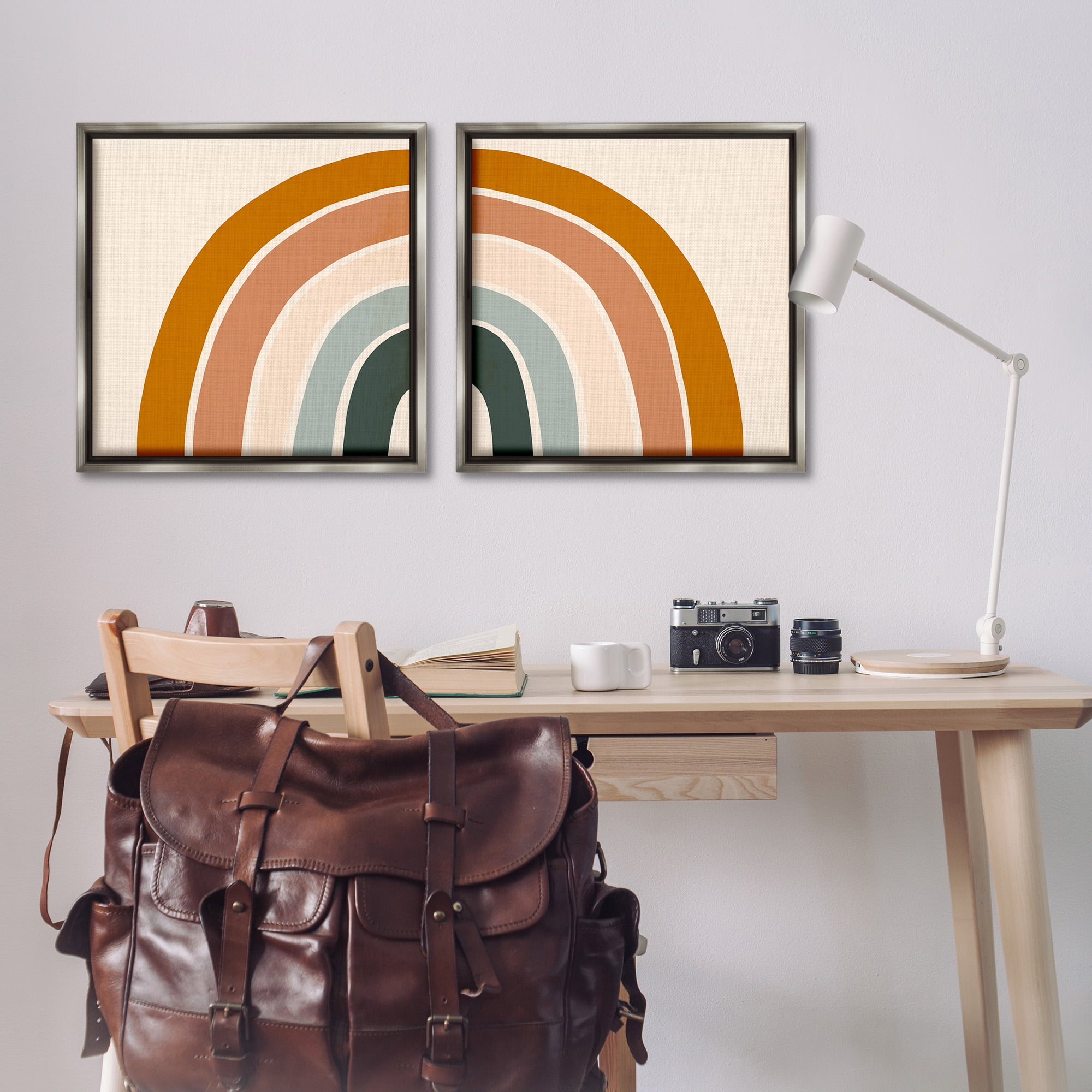 Stupell Industries Asymmetric Warm Retro Rainbow Art for Kids Painting Gray Floater Framed Canvas Art Print Wall Art, 25 x 25, Set of 2