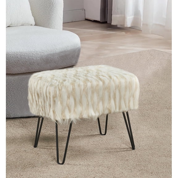 Home Soft Things Feathery Faux Fur Stool Chair Upholstered Footrest Ottoman with Black Metal Legs and Padded Seat, Ivory, 19" x 13" x 17"