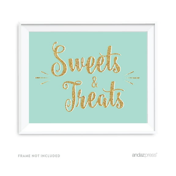 Signature Light Aqua, White, Gold Glittering Party, 8.5x11-inch Party Sign, Sweets & Treats