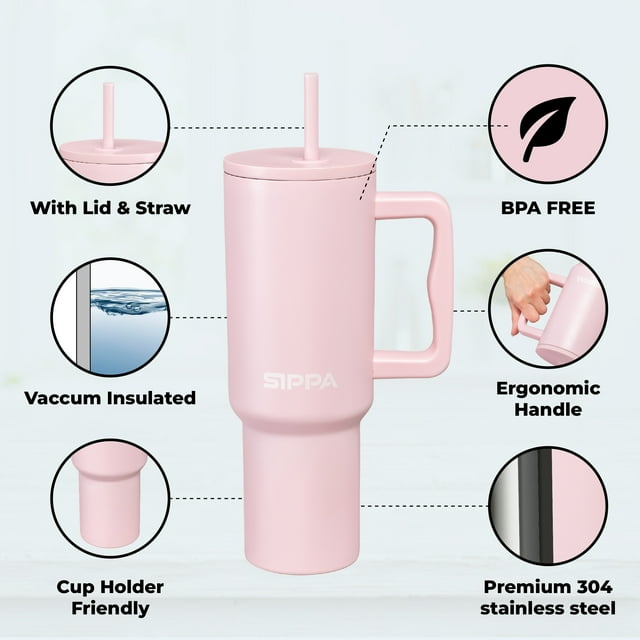 Gobelet en Acier Inoxydable de 40 oz avec Couvercle à Paille – Rétention Chaude et Froide de 24+ Heures, Conception Étanche au Quart de Tour, Compatible avec Porte-Gobelet – Rose Poudré