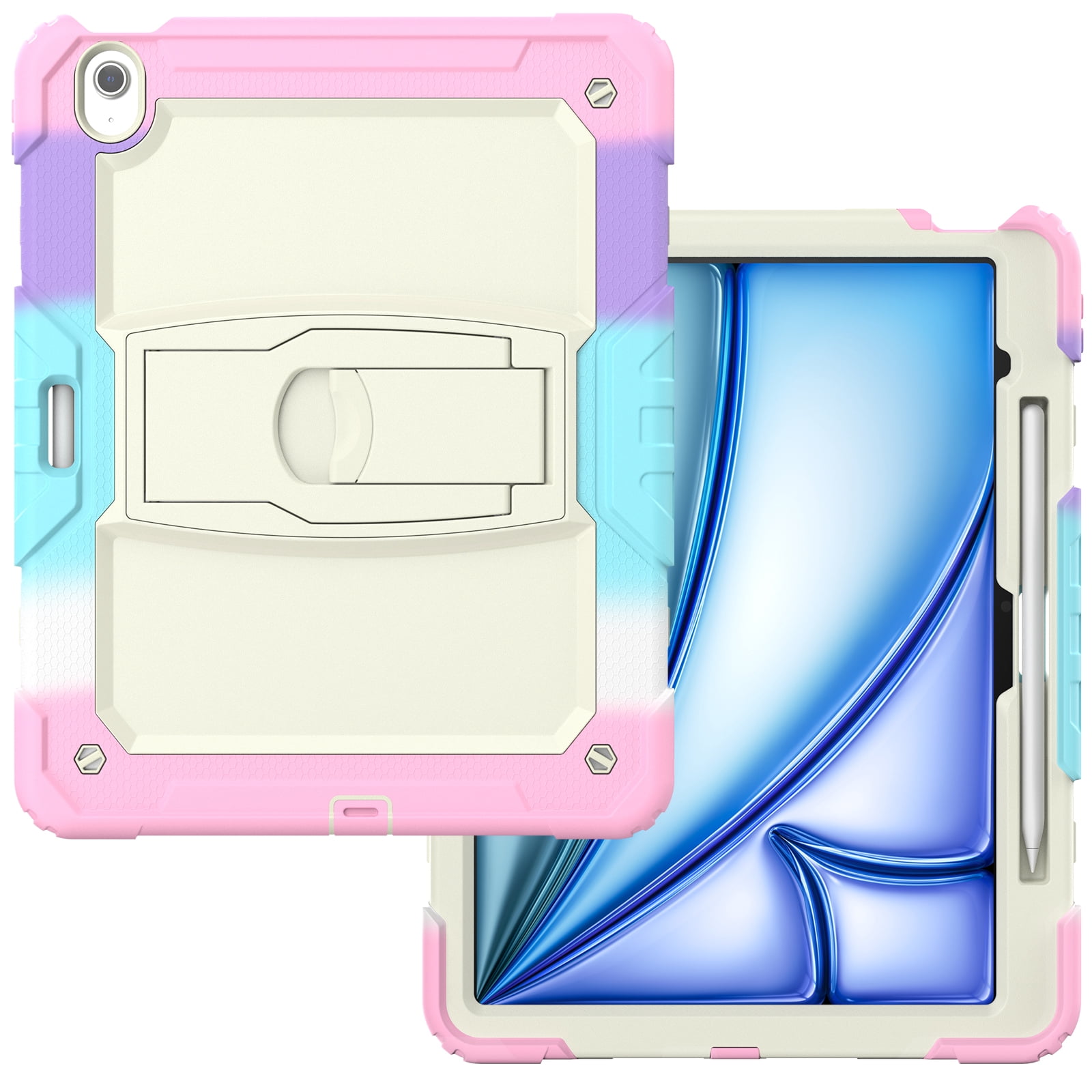 Rugged Case For Apple iPad Air 13 (2024) – 3-Layer Protection Shockproof Stand Cover with Screen Protector, Adjustable Stand, Shoulder Strap, & Pencil Holder -- Colorful Pink